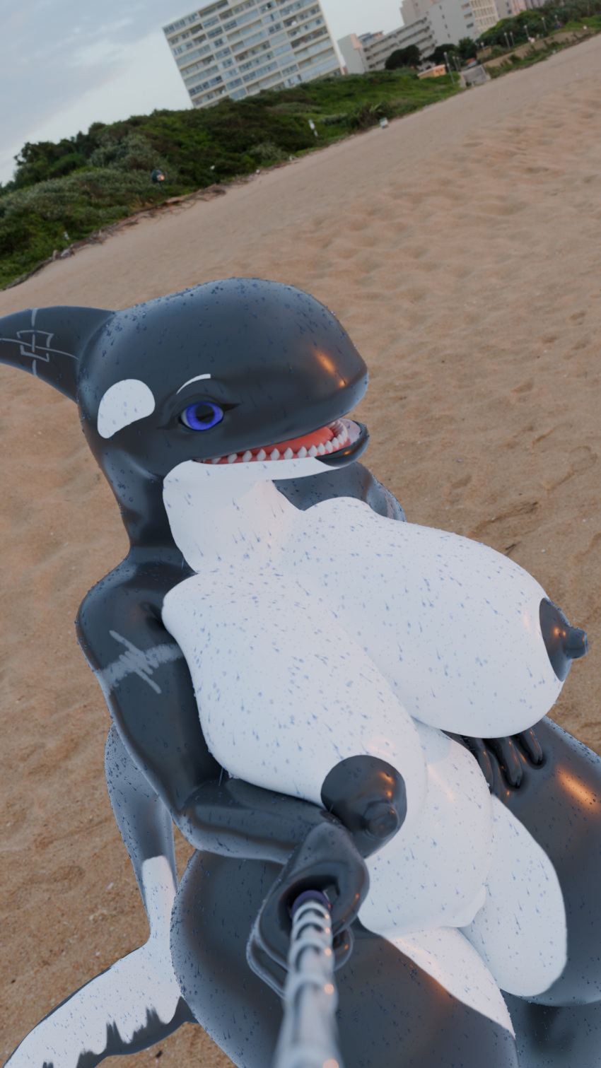 absurd_res anthro beach big_breasts black_nipples breasts camel_toe cetacean dolphin female hi_res huge_breasts indane mammal marine nipples oceanic_dolphin orca qanak scar scarification selfie selfie_stick solo toothed_whale wet wide_hips