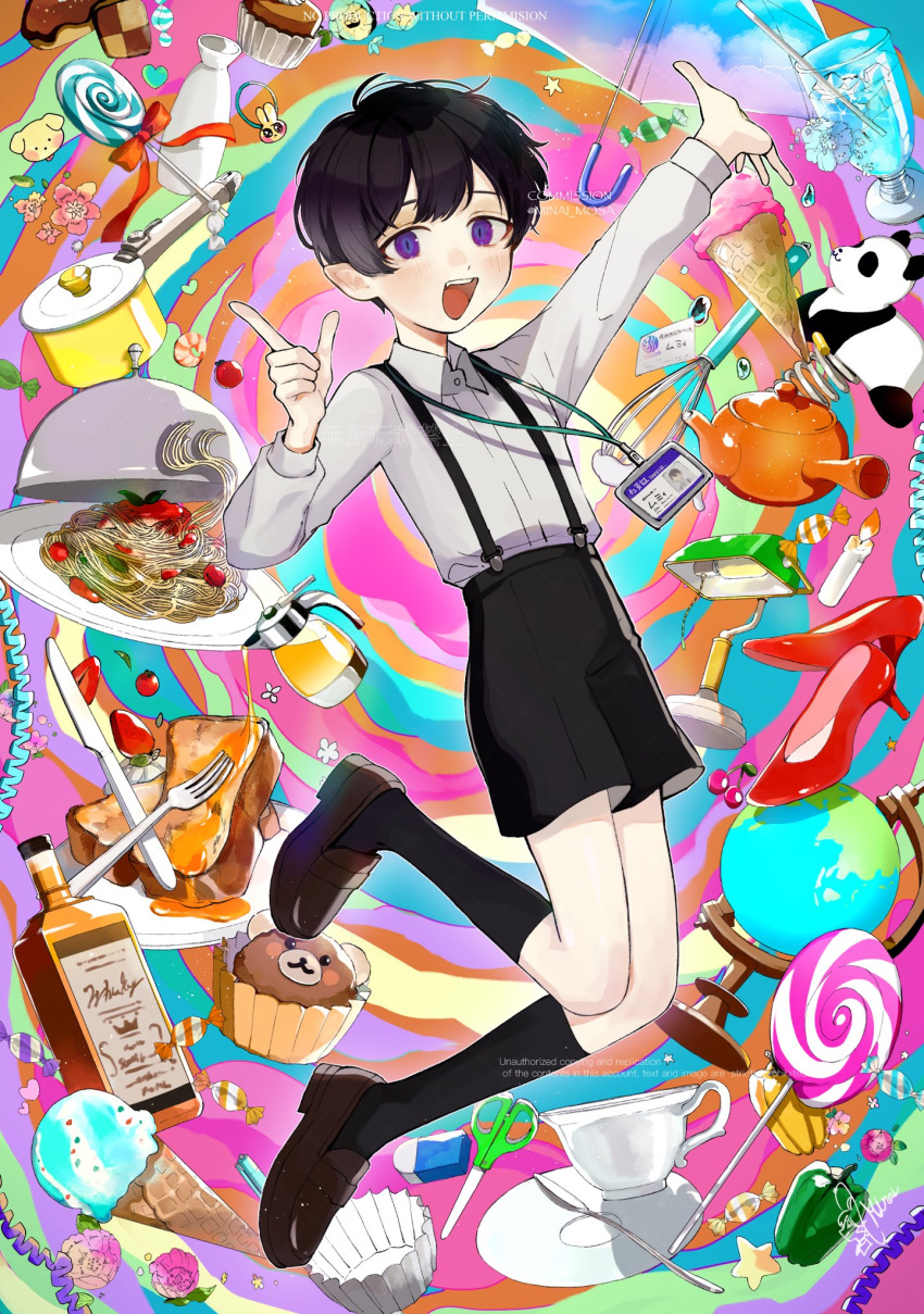 1boy black_footwear black_hair black_shorts black_socks bottle candle candy collared_shirt commission cup cupcake eraser food fork french_toast full_body globe high_heels highres ice_cream id_card index_finger_raised kneehighs knife lamp lanyard lollipop long_sleeves looking_at_viewer male_focus minai_mosa multicolored_background neon_palette open_mouth original pasta plate pointy_ears purple_eyes scissors shirt short_hair shorts signature socks solo spaghetti suspenders syrup teacup umbrella unworn_footwear white_shirt
