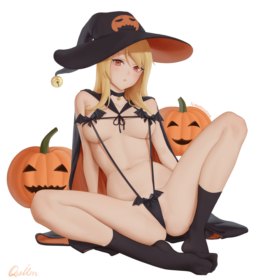 1girl arm_support arms_behind_back bell black_cape black_hat black_slingshot_swimsuit black_socks blonde_hair breasts cape closed_mouth full_body halloween_costume hat highres jack-o'-lantern knees_apart_feet_together long_hair looking_at_viewer medium_breasts navel neck_bell orange_eyes pumpkin quilm sakura-sou_no_pet_na_kanojo shiina_mashiro signature simple_background sitting slingshot_swimsuit socks solo spread_legs swimsuit thighs white_background witch_hat