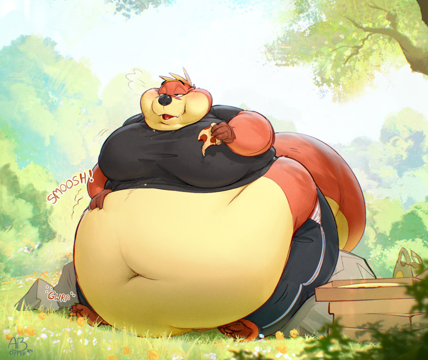 abthegreat anthro attius_brightwater_(abthegreat) belly belly_squish big_belly biped blush chubby_cheeks clothing container eating eating_food food fur hi_res huge_belly male mammal moobs morbidly_obese morbidly_obese_anthro morbidly_obese_male mustelid obese obese_anthro obese_male orange_body orange_fur otter outside overweight overweight_anthro overweight_male pizza pizza_box plant rumbling_stomach shirt solo squish t-shirt tail thick_tail thick_thighs tight_clothing topwear