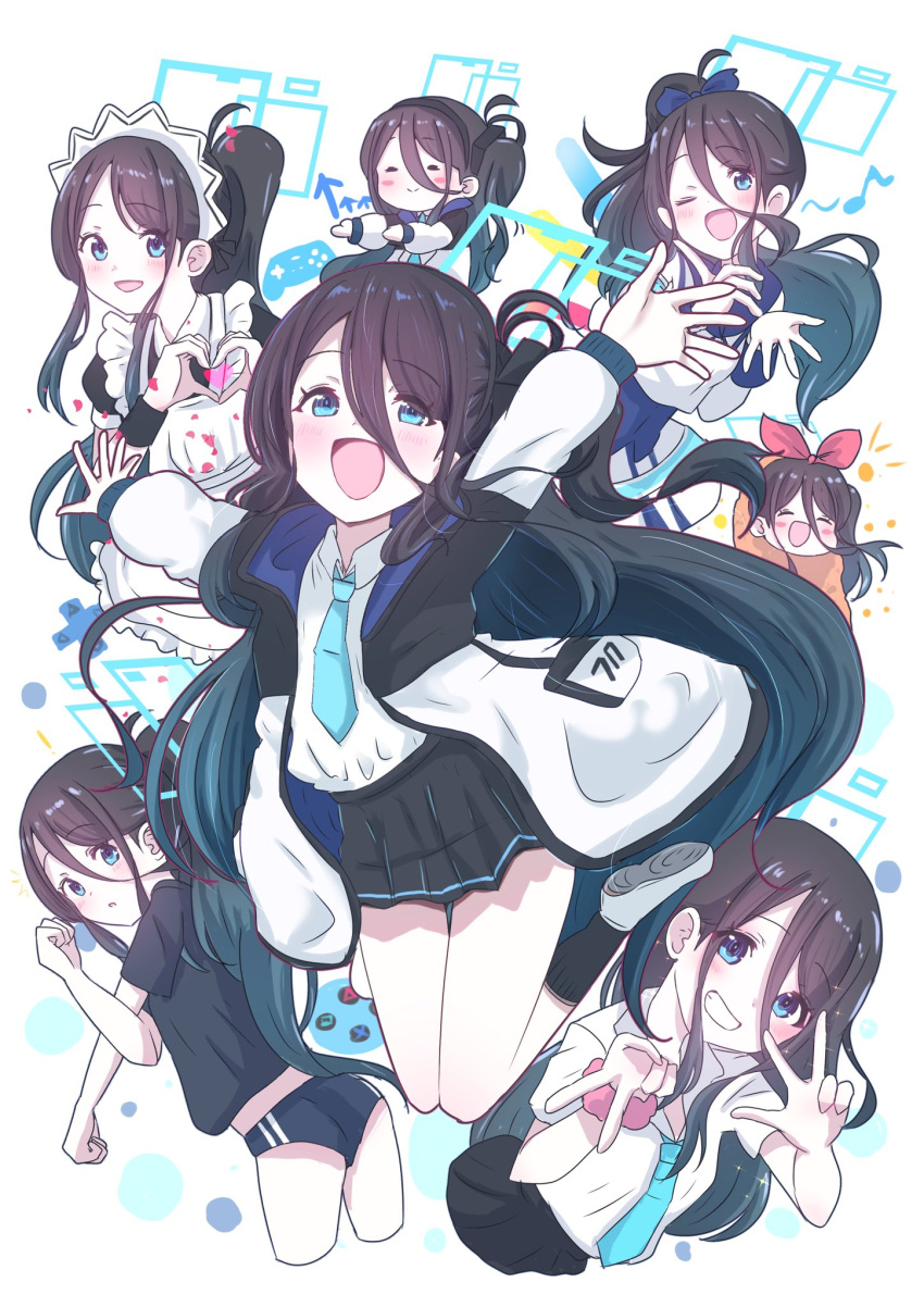 1girl absurdly_long_hair apron aris_(blue_archive) aris_(maid)_(blue_archive) beamed_eighth_notes black_buruma black_dress black_hair black_hairband black_shirt black_skirt blue_archive blue_eyes blue_halo blue_necktie blush buruma closed_eyes closed_mouth collared_shirt double_v dress frilled_apron frills giorgio_(yo_sumire_sola1) grin hairband halo highres jacket long_hair long_sleeves maid maid_apron maid_headdress multiple_views musical_note necktie official_alternate_costume one_eye_closed one_side_up open_clothes open_jacket open_mouth pleated_skirt puffy_short_sleeves puffy_sleeves shirt short_sleeves simple_background skirt smile two-sided_fabric two-sided_jacket v very_long_hair white_apron white_background white_jacket white_shirt
