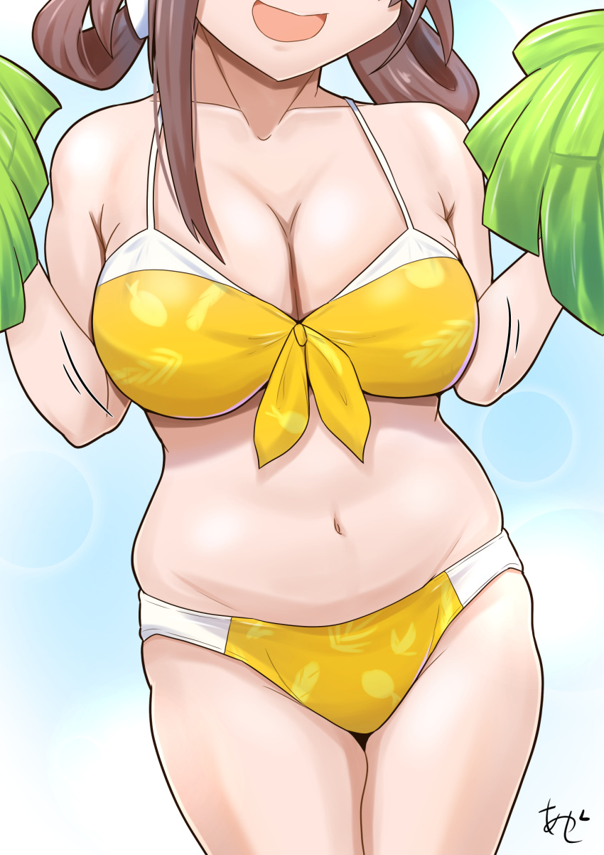 1girl akashieru artist_logo bikini breasts brown_hair chougei_(kancolle) cleavage collarbone front-tie_bikini_top front-tie_top hair_rings head_out_of_frame highres holding holding_pom_poms kantai_collection large_breasts long_hair navel official_alternate_costume open_mouth pom_pom_(cheerleading) smile solo swimsuit yellow_bikini