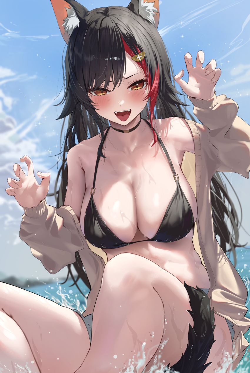 1girl absurdres alternate_costume animal_ears armpit_crease bare_shoulders bikini bikini_top_only black_bikini black_hair blue_sky blurry blurry_background blush breasts brown_cardigan cardigan claw_pose cleavage cloud cloudy_sky commentary day fangs hair_ornament hairpin highres hololive large_breasts long_sleeves looking_at_viewer multicolored_hair off_shoulder ookami_mio open_mouth outdoors panda_0035 parted_bangs puffy_long_sleeves puffy_sleeves red_hair shorts sitting sky smile solo streaked_hair swimsuit symbol-only_commentary tail tail_wrap virtual_youtuber white_shorts wolf_ears wolf_girl wolf_tail yellow_eyes