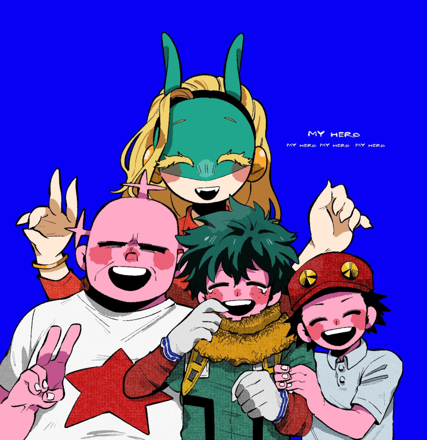 1girl 3boys ^_^ alternate_skin_color animal_ears anna_(aannnaa3) antennae backpack bag bald baseball_cap black_hair blonde_hair blue_background blush_stickers bodysuit boku_no_hero_academia bracelet buttons cape cel_shading character_request child claws clenched_hand closed_eyes collared_shirt colored_skin commentary_request crying curly_hair fangs finger_to_face freckles gloves green_bodysuit green_hair grey_shirt hairband hand_on_another's_arm hands_up happy hat head_tilt height_difference highres holding_another's_arm horned_hat ippan_josei izumi_kouta jewelry long_sleeves midoriya_izuku multicolored_skin multiple_boys mutation official_alternate_costume open_mouth orange_shirt partial_commentary pink_skin polo_shirt red_hat round_teeth shade shirt short_eyebrows short_hair short_sleeves side-by-side simple_background smile spiked_hair spoilers star_(symbol) star_print straight-on t-shirt tears teeth thick_eyelashes torn_cape torn_clothes two-tone_skin upper_body upper_teeth_only v white_gloves wing_collar
