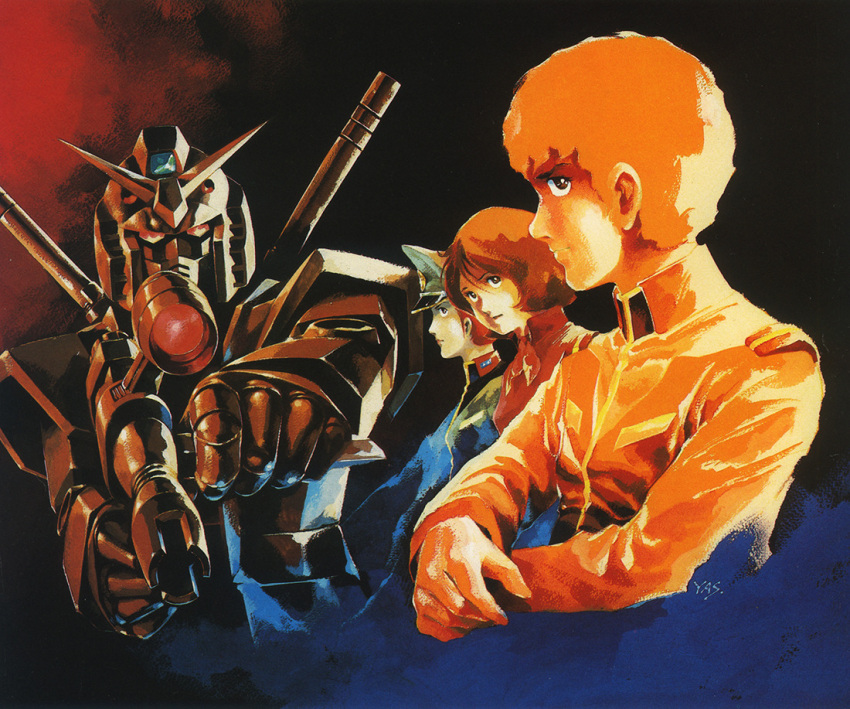 1980s_(style) 1boy 2girls aiming aiming_at_viewer amuro_ray beam_rifle concept_art earth_federation_space_forces energy_gun fraw_bow glint gundam hat looking_at_viewer matilda_ajan mecha military military_uniform mobile_suit mobile_suit_gundam multiple_girls official_art painting_(medium) production_art promotional_art retro_artstyle robot rx-78-2 scan science_fiction scope traditional_media uniform upper_body v-fin weapon yasuhiko_yoshikazu