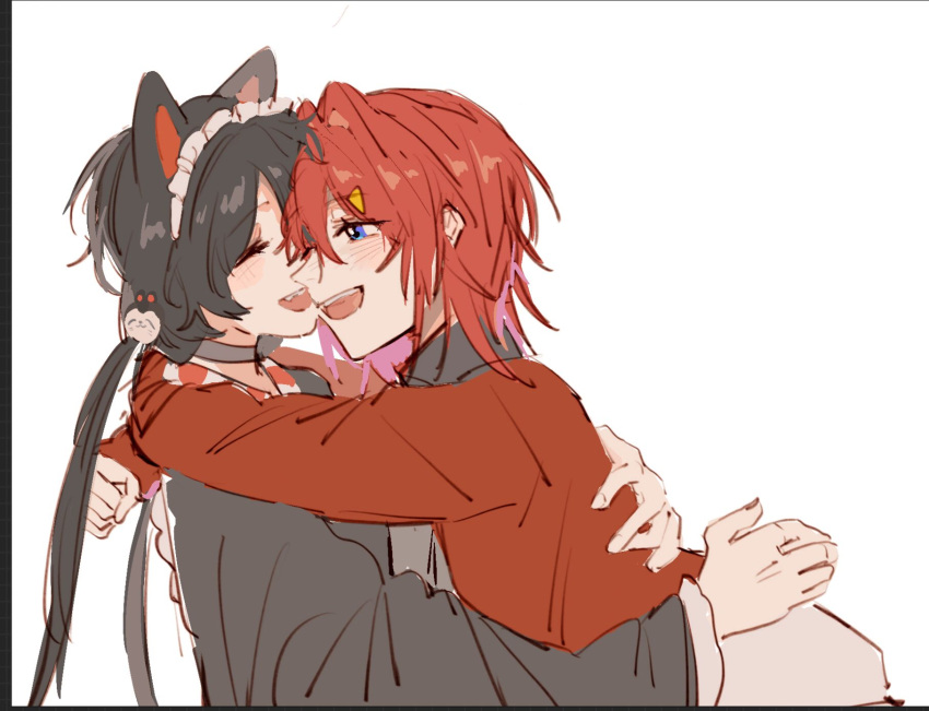 2girls ange_katrina animal_ears arms_around_neck black_dress black_hair blue_eyes chinese_commentary commentary_request dog_ears dress hand_on_another's_back highres hug inui_toko lingyi long_sleeves maid_headdress medium_hair multiple_girls nijisanji open_mouth red_hair red_shirt shirt simple_background smile triangle_hair_ornament twintails virtual_youtuber white_background yuri