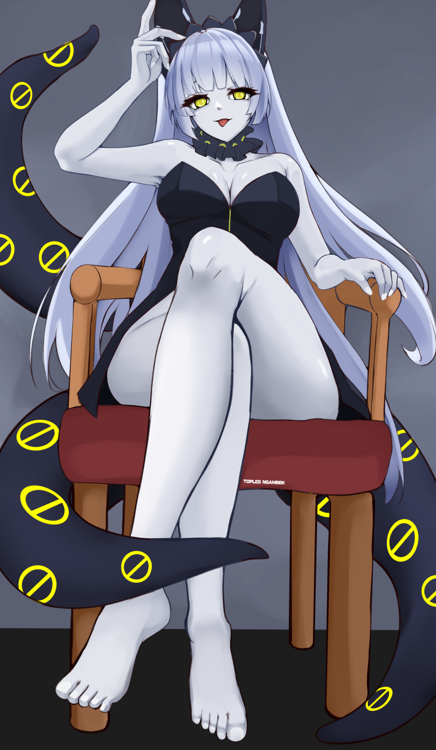 1girl :p absurdres aged_up alternate_breast_size alternate_skin_color animal_ear_hairband animal_ears arm_rest azur_lane bare_legs bare_shoulders barefoot black_dress breasts cleavage colored_skin crossed_legs detached_collar devstar dress fake_animal_ears from_below full_body hairband hand_up highres hip_focus knee_up legs long_hair looking_at_viewer looking_down medium_breasts no_panties observer_alpha_(azur_lane) on_chair siren_(azur_lane) sitting sleeveless sleeveless_dress smile solo strapless strapless_dress tentacles tongue tongue_out very_long_hair white_skin