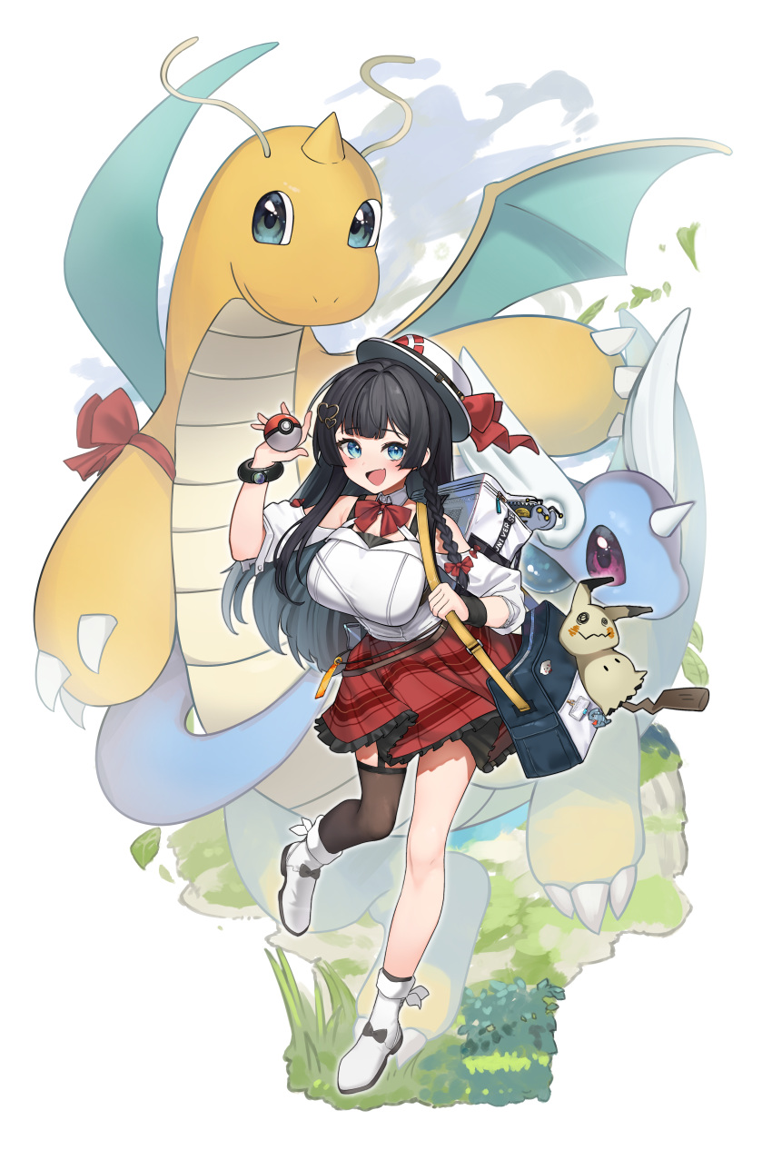 1girl :d absurdres arm_up bag bag_charm bare_shoulders black_hair blue_eyes blush boots bow braid breasts brown_thighhighs charm_(object) commentary_request crossover dragonite dratini fang frilled_skirt frills garter_straps gimmighoul hair_bow hair_ornament heart heart_hair_ornament highres holding holding_poke_ball large_breasts long_hair looking_at_viewer mimikyu nanana_narang poke_ball poke_ball_(basic) pokemon pokemon_(creature) puffy_short_sleeves puffy_sleeves purple_eyes red_bow red_skirt school_bag shirayuki_hina shirt short_sleeves single_braid skirt smile standing standing_on_one_leg stellive thighhighs thighhighs_under_boots tilted_headwear very_long_hair virtual_youtuber white_background white_footwear white_hat white_shirt