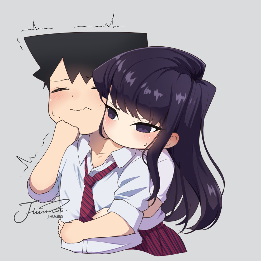 1boy 1girl absurdres alternate_hairstyle artist_name black_hair blush chibi closed_eyes closed_mouth collarbone collared_shirt commentary cropped_torso diagonal-striped_clothes diagonal-striped_necktie diagonal-striped_skirt dress flattop grey_background highres hug hug_from_behind j_humbo komi-san_wa_komyushou_desu komi_shouko long_hair necktie no_mouth no_nose purple_eyes purple_hair red_necktie red_skirt school_uniform shirt short_hair short_sleeves signature simple_background skirt striped_clothes sweat tadano_hitohito trembling upper_body white_dress white_shirt