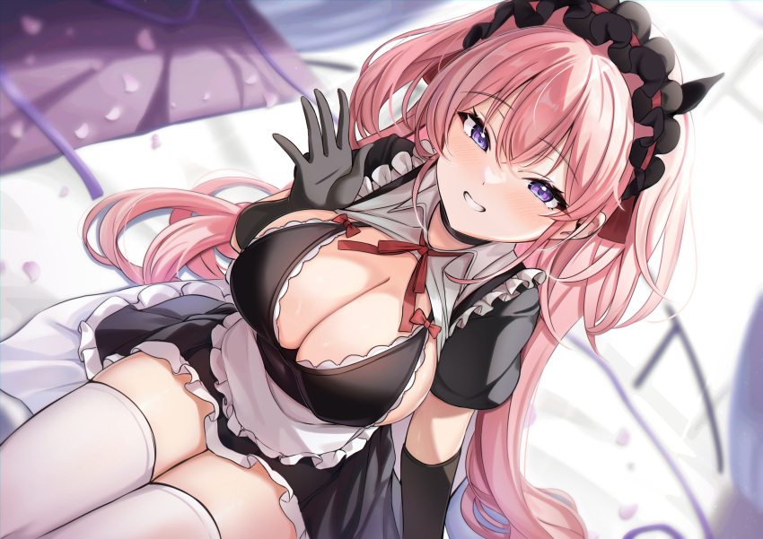 1girl apron bed_sheet black_dress black_gloves breasts cleavage curtains dress elbow_gloves gloves grin hair_between_eyes highres j_young large_breasts long_hair looking_at_viewer maid maid_apron maid_headdress non-web_source on_bed original petals pink_hair purple_eyes short_sleeves sitting smile solo thighhighs very_long_hair white_apron white_thighhighs window