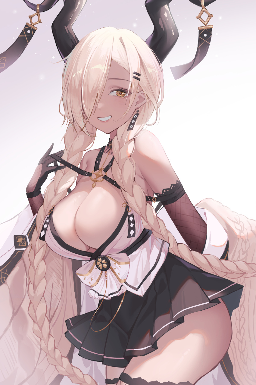 1girl absurdres azur_lane bare_shoulders bingjilin black_gloves black_horns black_skirt blonde_hair breasts brown_coat cable_knit chinese_commentary cleavage coat commentary_request cowboy_shot dark-skinned_female dark_skin fishnet_sleeves from_side gloves gold hair_over_one_eye half_gloves highres horn_ornament horns large_breasts large_horns leaning_forward long_hair long_sleeves microskirt open_clothes open_coat owari_(azur_lane) pleated_skirt pulled_by_self simple_background skirt smile strap_pull very_long_hair white_background wide_sleeves yellow_eyes
