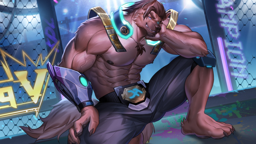 16:9 2024 5_fingers abs anthro brown_body brown_hair canid canine canis claws clothed clothing crouching fingers front_view glowing glowing_eyes hair hand_on_cheek hand_on_knee hand_on_leg hi_res littef looking_at_viewer male mammal muscular muscular_male nipples purple_eyes smile solo tight_clothing topless vein widescreen wolf