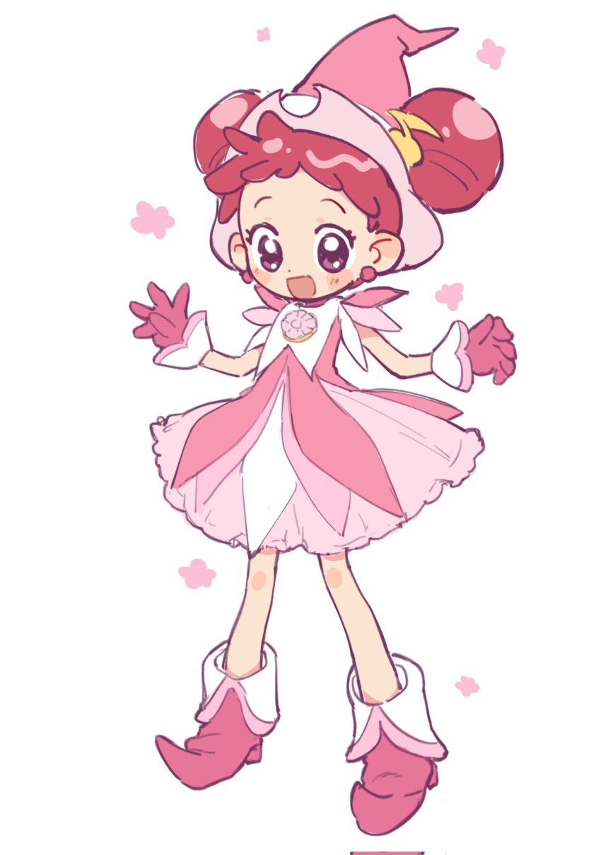 1girl :d asa_yuki523 blush boots commentary_request corrupted_twitter_file double_bun dress earrings full_body gloves hair_bun hair_ornament harukaze_doremi hat highres jewelry magical_girl musical_note musical_note_hair_ornament ojamajo_doremi open_mouth pink_dress pink_eyes pink_footwear pink_gloves pink_hair pink_hat pointy_footwear short_bangs short_hair simple_background smile solo standing white_background witch_hat