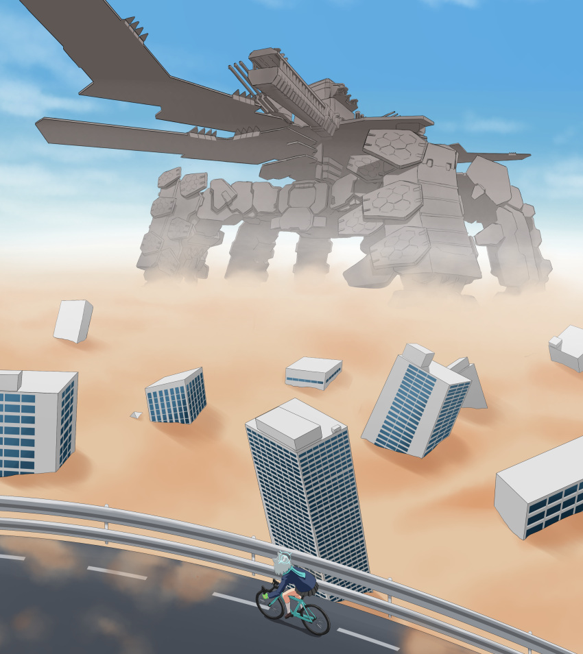 1girl absurdres armored_core armored_core:_for_answer bicycle blue_archive blue_sky building cloud desert halo highres highway mecha mechanical_parts riding robot shiroko_(blue_archive) sky spirit_of_mother_will turret