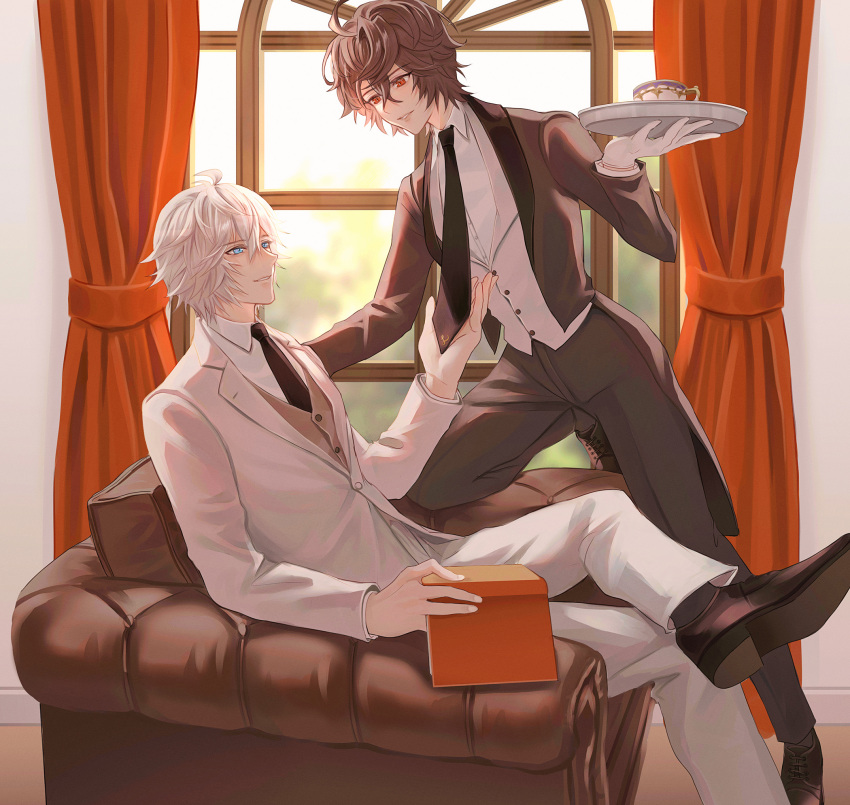 2boys ahoge alternate_costume bishounen black_necktie blue_eyes box brown_hair brown_suit butler coffee_cup commentary commentary_request couch crossed_legs cup curtains disposable_cup gloves granblue_fantasy hair_between_eyes highres holding holding_box holding_tray kakaki_28 knee_up light_smile lucifer_(shingeki_no_bahamut) male_focus messy_hair multiple_boys necktie necktie_grab neckwear_grab on_couch parted_lips red_eyes sandalphon_(granblue_fantasy) short_hair sitting smile suit tray white_gloves white_hair white_suit window yaoi