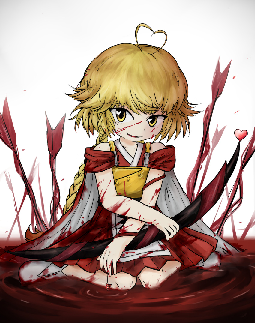1other androgynous antenna_hair apron armor arrow_(projectile) bare_legs blonde_hair blood blood_drop blood_on_arm blood_on_clothes blood_on_face blood_on_leg bow_(weapon) braid breastplate buttons cape collared_socks commentary_request crossed_arms detached_sleeves full_body heart heart_antenna_hair heart_in_eye highres holding holding_bow_(weapon) holding_weapon japanese_clothes kimono kuroda_(kurota_ne) len'en long_hair looking_at_viewer low_twin_braids ooama_no_ake_no_mitori open_mouth other_focus pagoda pool_of_blood red_kimono red_sleeves short_kimono short_sleeves sitting sitting_on_liquid sleeveless sleeveless_kimono smile socks solo symbol_in_eye twin_braids two-sided_cape two-sided_fabric very_long_hair waist_apron wariza weapon white_apron white_background white_cape white_socks yellow_eyes