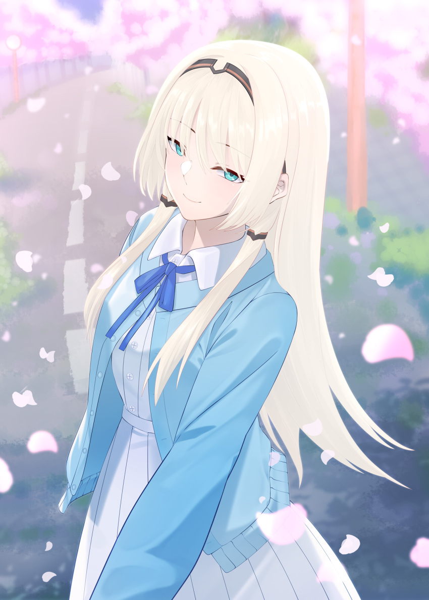1girl alternate_costume an-94_(girls'_frontline) black_hairband blue_cardigan blue_eyes blue_ribbon blush cardigan cherry_blossoms closed_mouth commission dress eyebrows_hidden_by_hair falling_petals girls'_frontline hairband highres long_hair looking_at_viewer outdoors petals ribbon samsam_s2s sidelocks smile solo white_dress