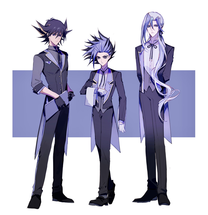 3boys absurdres alternate_costume aqua_hair arms_behind_back bad_id bad_lofter_id black_coat black_footwear black_gloves black_hair black_pants black_ribbon black_shirt black_vest blue_eyes blue_hair butler clipboard coat collared_shirt crossed_legs dress_shoes expressionless facial_mark facial_tattoo formal fudo_yusei full_body gloves hair_ribbon hand_up high_collar highres holding holding_clipboard holding_towel long_hair looking_at_viewer male_focus multicolored_hair multiple_boys naoki_(2rzmcaizerails6) neck_ribbon pants ponytail ribbon shirt sleeve_cuffs spiked_hair streaked_hair tailcoat tattoo towel two-sided_fabric two-sided_tailcoat v_(yu-gi-oh!) very_long_hair vest white_gloves white_shirt white_towel yu-gi-oh! yu-gi-oh!_5d's yu-gi-oh!_arc-v yu-gi-oh!_zexal yuuto_(yu-gi-oh!)