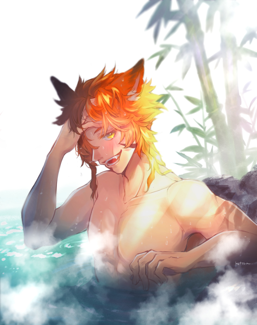 1boy animal_ears bamboo commentary_request ein_(mahjong_soul) fox_boy fox_ears hair_between_eyes hand_in_own_hair highres kotsuru_kari long_bangs looking_at_viewer mahjong_soul male_focus onsen open_mouth orange_hair pectorals short_hair sidelocks smile solo steam toned toned_male topless_male upper_body water white_background yellow_eyes