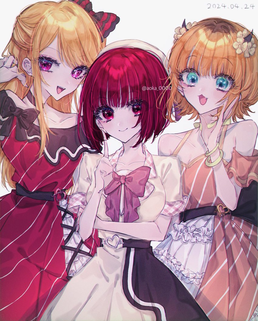 3girls :3 :d aoka_0000 arima_kana b-komachi_(new) bare_shoulders behind_another belt beret black_bow black_choker black_sash blonde_hair blue_eyes blunt_bangs bob_cut bow bow_choker bowtie bracelet breasts brown_hair choker cleavage closed_mouth collarbone collared_dress commentary_request cross-laced_clothes cross-laced_dress dated demon_horns detached_sleeves dress dress_bow eyelashes eyes_visible_through_hair fake_horns fang flower frilled_dress frills grey_background hair_bow hair_flip hair_flower hair_ornament half_updo hand_on_own_arm hand_up hat heart_o-ring highres holding_own_arm horns hoshino_ruby index_finger_raised inverted_bob jewelry lapels layered_dress long_hair looking_at_viewer looking_to_the_side memcho multicolored_hair multiple_bracelets multiple_girls notched_lapels o-ring o-ring_belt off-shoulder_dress off_shoulder open_mouth orange_dress orange_hair oshi_no_ko overskirt plaid_lapels purple_bow purple_bowtie purple_dress purple_eyes red_bow red_eyes red_hair roots_(hair) sash short_hair short_sleeves sidelocks sideways_glance sleeve_cuffs sleeveless sleeveless_dress smile star-shaped_pupils star_(symbol) striped_clothes striped_dress swept_bangs symbol-shaped_pupils teeth twitter_username two-tone_hair upper_teeth_only white_flower white_hair yellow_bow yellow_bracelet yellow_choker yellow_dress
