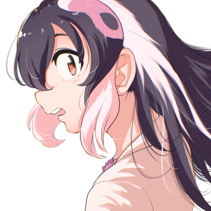 1girl african_penguin_(kemono_friends) back black_hair highres jacket kemono_friends kemono_friends_v_project long_hair looking_at_viewer looking_back mcgunngu multicolored_hair open_mouth penguin_girl pink_hair red_eyes shirt simple_background solo virtual_youtuber white_background white_hair