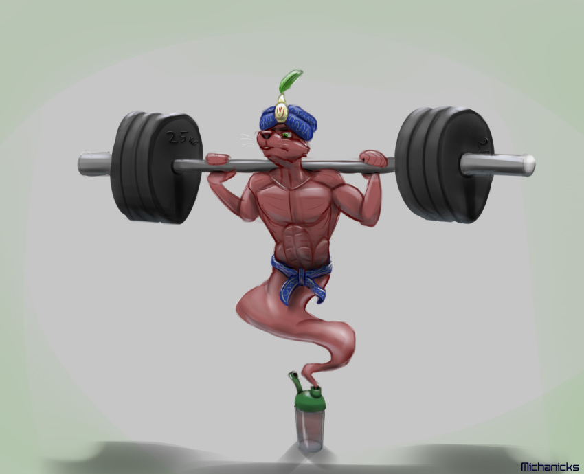 barbell belt canid canine clothing exercise genie headgear headwear humor male mammal michanicks mostly_nude muscular muscular_male protein_shake religious_clothing religious_headwear shaker simple_background sketch solo turban weights workout