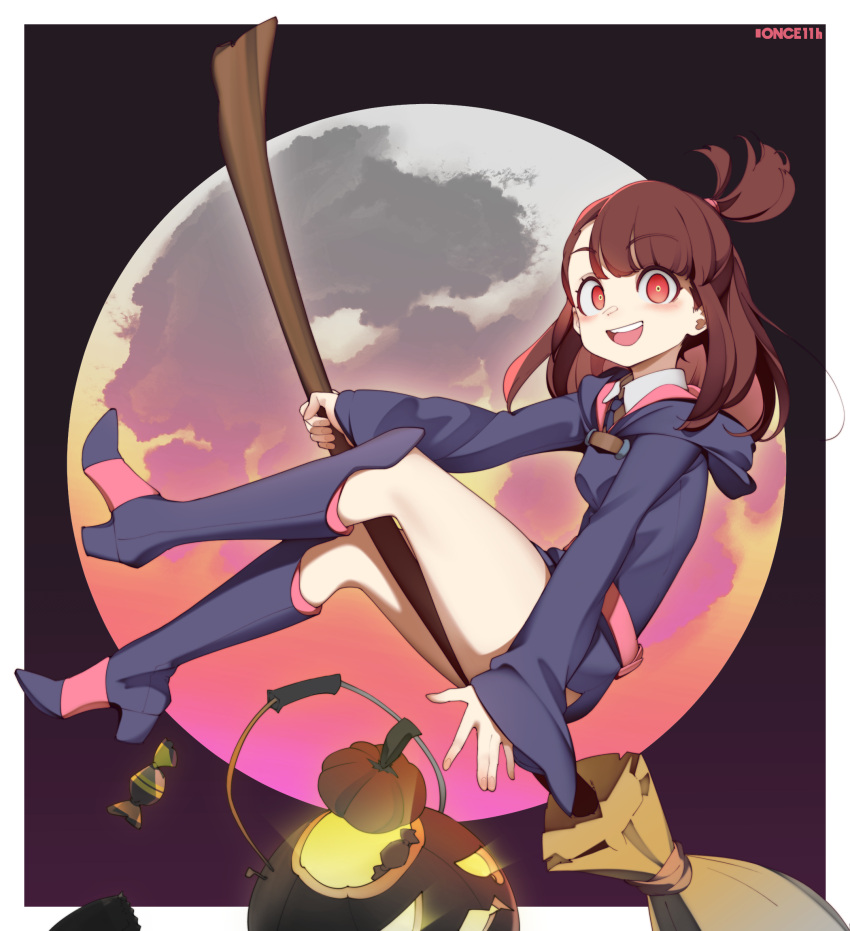 1girl ass black_footwear blush boots broom broom_riding brown_hair high_heel_boots high_heels highres jack-o'-lantern kagari_atsuko knee_boots little_witch_academia long_hair once_11h open_mouth red_eyes smile solo teeth twitter_username upper_teeth_only