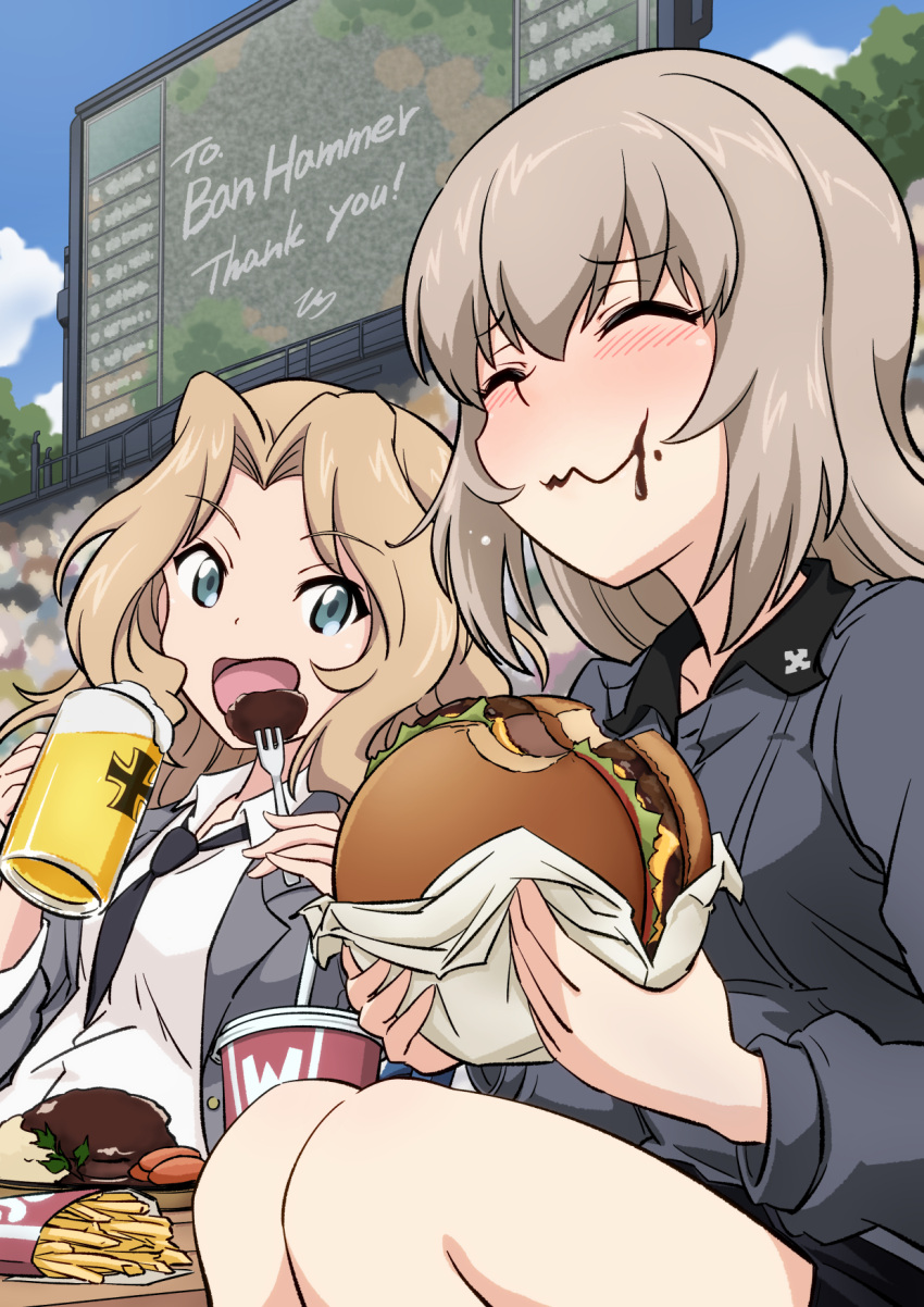 2girls alcohol beer beer_stein burger commission cup disposable_cup eating ehirorotoon emblem english_text food french_fries girls_und_panzer highres holding holding_burger holding_food itsumi_erika kay_(girls_und_panzer) kuromorimine_(emblem) kuromorimine_military_uniform multiple_girls saunders_military_uniform