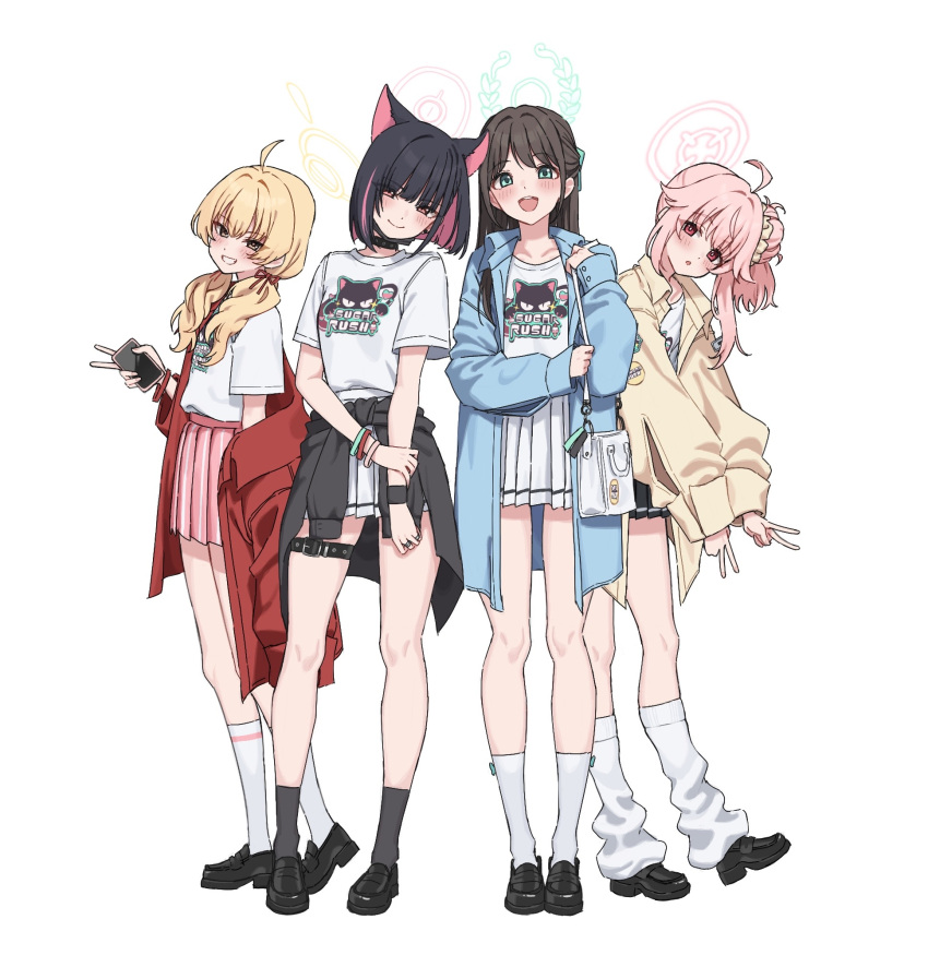 0-toki 4girls after-school_sweets_club_(blue_archive) airi_(band)_(blue_archive) airi_(blue_archive) blue_archive full_body halo highres kazusa_(band)_(blue_archive) kazusa_(blue_archive) logo looking_at_viewer multiple_girls natsu_(band)_(blue_archive) natsu_(blue_archive) print_shirt shirt simple_background v white_background white_shirt yoshimi_(band)_(blue_archive) yoshimi_(blue_archive)