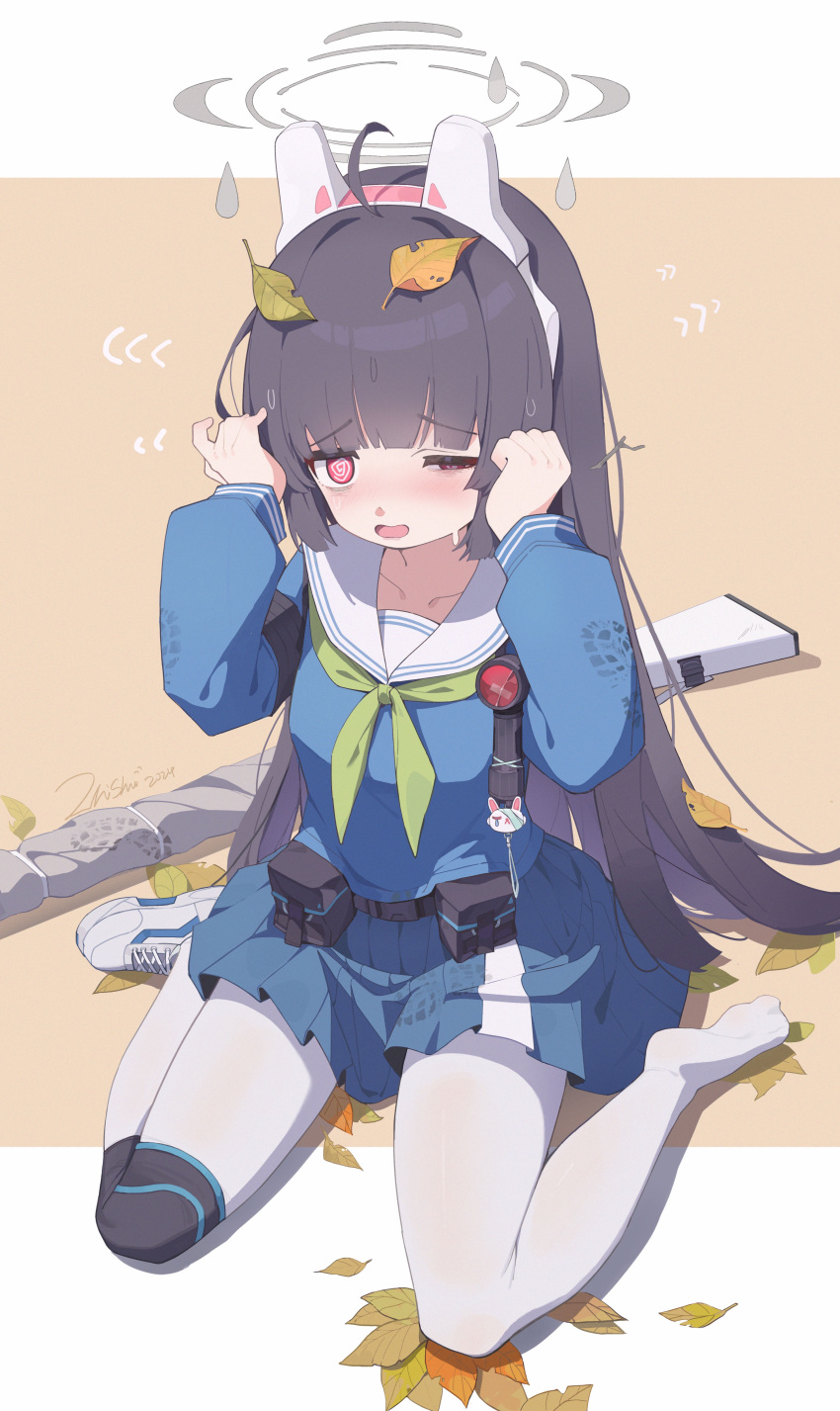 1girl @_@ absurdres ahoge animal_ears black_hair blue_archive blue_shirt blue_skirt blunt_bangs blush bolt_action collarbone fake_animal_ears full_body green_neckerchief grey_halo gun hair_intakes half-closed_eye halo highres knee_pads long_hair long_sleeves miyu_(blue_archive) mosin-nagant neckerchief open_mouth pantyhose pleated_skirt rabbit_ears red_eyes rifle sailor_collar shirt shoes signature single_knee_pad single_shoe sitting skirt sneakers solo very_long_hair wariza weapon white_footwear white_pantyhose white_sailor_collar zhishuixy