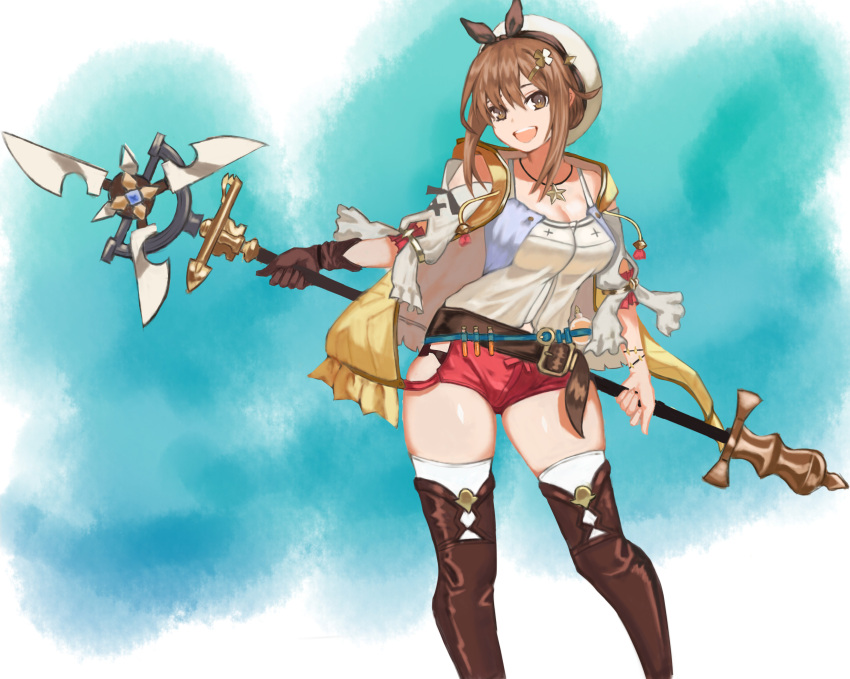 1girl :d absurdres atelier_(series) atelier_ryza atelier_ryza_1 belt beret black_bow blue_background boots bow bracelet breasts brown_belt brown_eyes brown_footwear brown_gloves brown_hair cleavage clothing_cutout clover_hair_ornament contrapposto detached_sleeves drawstring fujioni gloves hair_between_eyes hair_ornament hairclip hat hat_bow highres holding holding_polearm holding_weapon jacket jewelry looking_at_viewer medium_breasts necklace open_clothes open_jacket polearm potion red_shorts reisalin_stout shirt short_hair_with_long_locks short_shorts shorts side_cutout simple_background single_glove sleeveless sleeveless_jacket smile spaghetti_strap star_(symbol) star_necklace teeth thigh_boots thighhighs thighs two-tone_background upper_teeth_only weapon white_background white_hat white_shirt white_thighhighs yellow_jacket