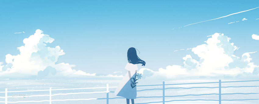 1girl amenomori_howa black_hair blue_sky cloud cloudy_sky contrail cumulonimbus_cloud dress facing_ahead feet_out_of_frame floating_hair flower from_behind highres holding holding_behind_back holding_flower long_hair original outdoors own_hands_together railing scenery short_sleeves sky solo straight_hair white_dress wide_shot wind