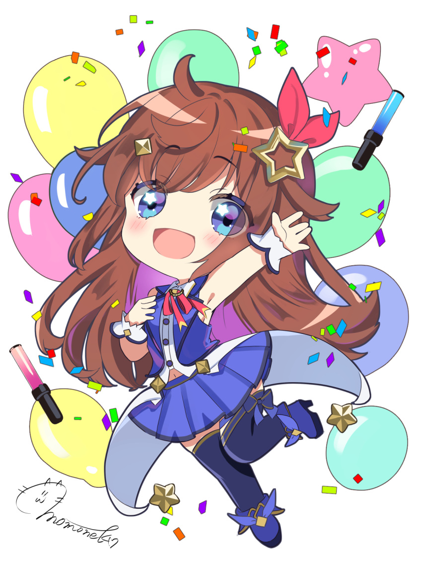 1girl :d ankle_boots blue_eyes blue_footwear blue_skirt blue_thighhighs blue_vest blush boots bow bowtie brown_hair chibi chibi_only collared_shirt commentary_request confetti cropped_shirt diamond_hair_ornament fold-over_boots full_body glowstick hair_flaps hair_ornament hair_ribbon hairclip hand_on_own_chest hand_up high_heel_boots high_heels highres hololive leg_ribbon long_hair looking_at_viewer miniskirt momone_cco open_mouth penlight_(glowstick) pleated_skirt red_bow red_bowtie red_ribbon ribbon shirt signature skirt sleeveless sleeveless_shirt smile solo star_(symbol) star_balloon star_hair_ornament thigh_ribbon thighhighs tokino_sora tokino_sora_(1st_costume) vest virtual_youtuber waist_cape white_shirt wrist_cuffs