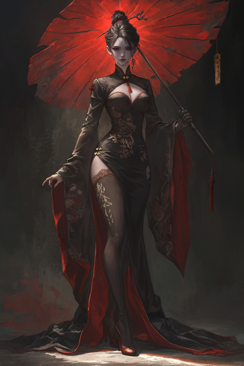 1girl absurdres black_hair black_nails breasts china_dress chinese_clothes dress earrings full_body high_heels highres holding holding_umbrella jewelry looking_at_viewer original pale_skin parasol side_slit single_earring solo thighhighs umbrella wodeipoi