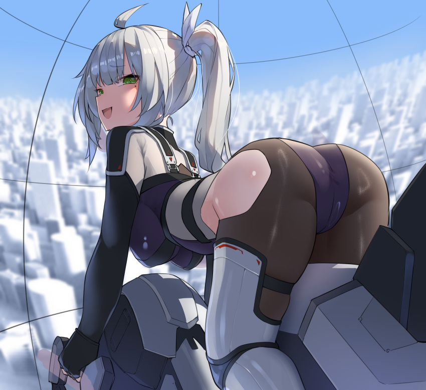 1girl absurdres ass ass_focus bent_over black_pantyhose bodysuit breasts cityscape cockpit commentary commentary_request commission fingerless_gloves gloves green_eyes hair_ribbon highres large_breasts leotard looking_at_viewer mole original pantyhose pilot_suit ponytail ribbon ringobatake second-party_source shiny_pantyhose shiny_skin skeb_commission smug solo variant_set white_hair white_ribbon