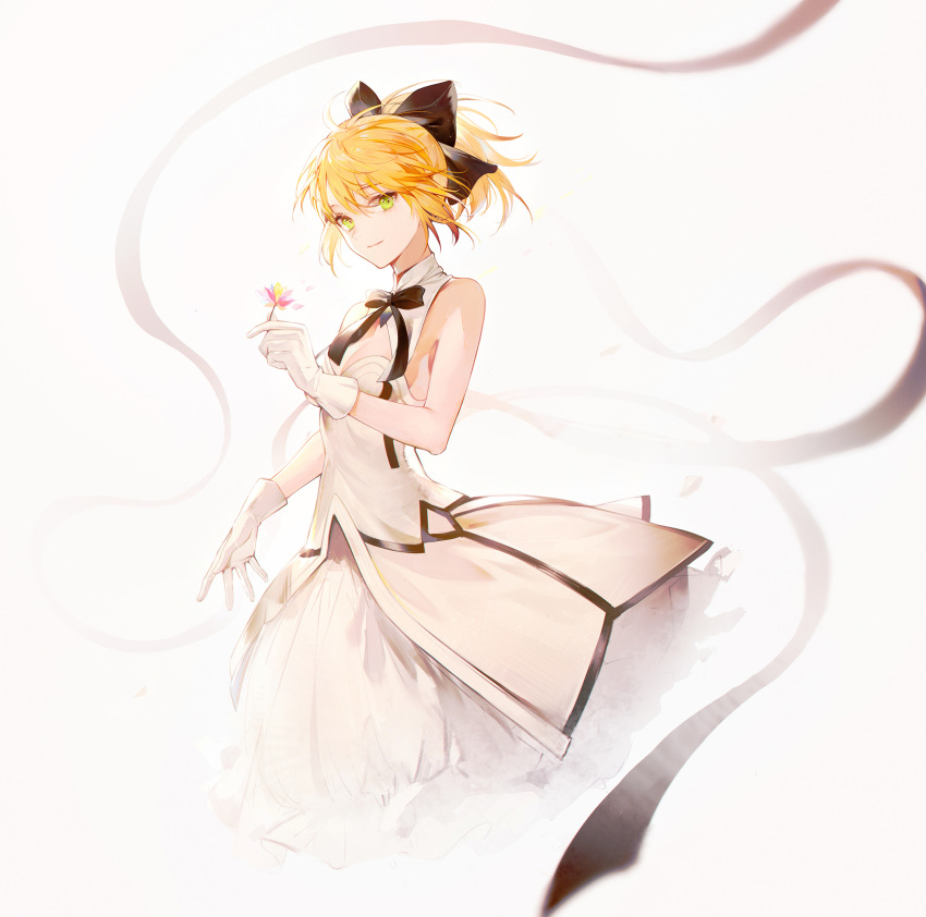 1girl artoria_pendragon_(fate) bai_qi-qsr bare_arms bare_shoulders black_bow black_bowtie black_ribbon blonde_hair bow bowtie breasts bubble_skirt cleavage closed_mouth cropped_legs dress fate_(series) flower frilled_skirt frills gloves green_eyes hair_bow halter_dress halterneck happy highres holding holding_flower long_hair looking_at_viewer medium_breasts miniskirt multicolored_flower petals ponytail ribbon short_dress simple_background skirt smile solo white_background white_dress white_gloves white_skirt