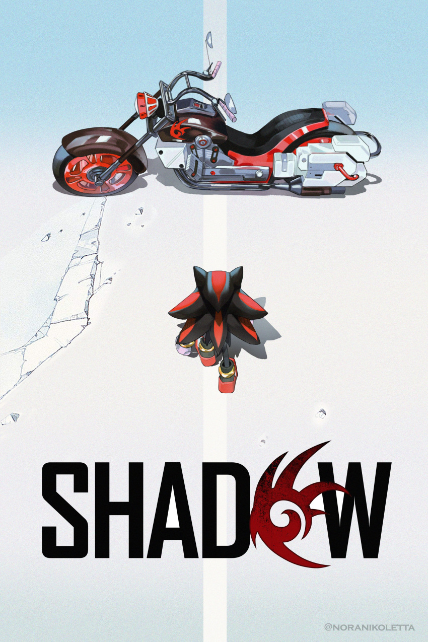 1boy absurdres akira_(manga) akira_movie_poster animal_ears artist_name black_footwear black_fur character_name from_above from_behind furry furry_male highres motor_vehicle motorcycle norarts poster_parody red_footwear red_fur shadow_the_hedgehog shoes solo sonic_(series) two-tone_footwear two-tone_fur