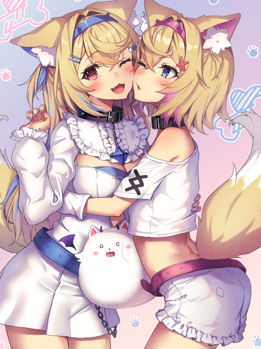 2girls ;d animal_ear_fluff animal_ears belt black_collar blonde_hair blue_belt blue_eyes blue_hair blue_hairband blue_nails breasts chain cheek-to-cheek cleavage collar commentary crop_top dog_ears dog_girl dog_tail fake_horns fang frilled_shorts frills fuwawa_abyssgard gradient_hair hair_ornament hairband hairclip hand_on_another's_back hand_up heads_together highres hololive hololive_english horns hug long_hair long_sleeves medium_breasts midriff mixed-language_commentary mococo_abyssgard multicolored_hair multiple_girls nail_polish off_shoulder one_eye_closed parted_lips perroccino_(fuwamoco) pink_belt pink_hair pink_hairband pleated_skirt puffy_long_sleeves puffy_sleeves red_eyes ryuinu shirt short_shorts shorts siblings sisters skirt smile streaked_hair tail twins very_long_hair virtual_youtuber white_shirt white_shorts white_skirt x_hair_ornament
