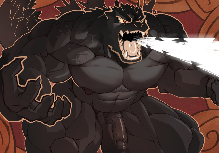 2024 abs abstract_background absurd_res anthro areola ashendawger barazoku bent_legs biceps big_muscles big_penis black_body black_scales breath_powers claws crossover deltoids disney electricity electricity_breathing electricity_manipulation elemental_manipulation erection genitals godzilla godzilla_(series) hercules_(1997) hi_res huge_arms huge_muscles huge_penis huge_thighs humanoid_genitalia humanoid_penis kaiju kemono lightning male manly monster muscular muscular_anthro muscular_male narrowed_eyes nipples non-mammal_nipples nude open_mouth pecs penis quads reptile scales scalie simple_background solo standing style_crossover style_emulation teeth thick_arms thick_penis thick_thighs toho tongue vein zeuszilla