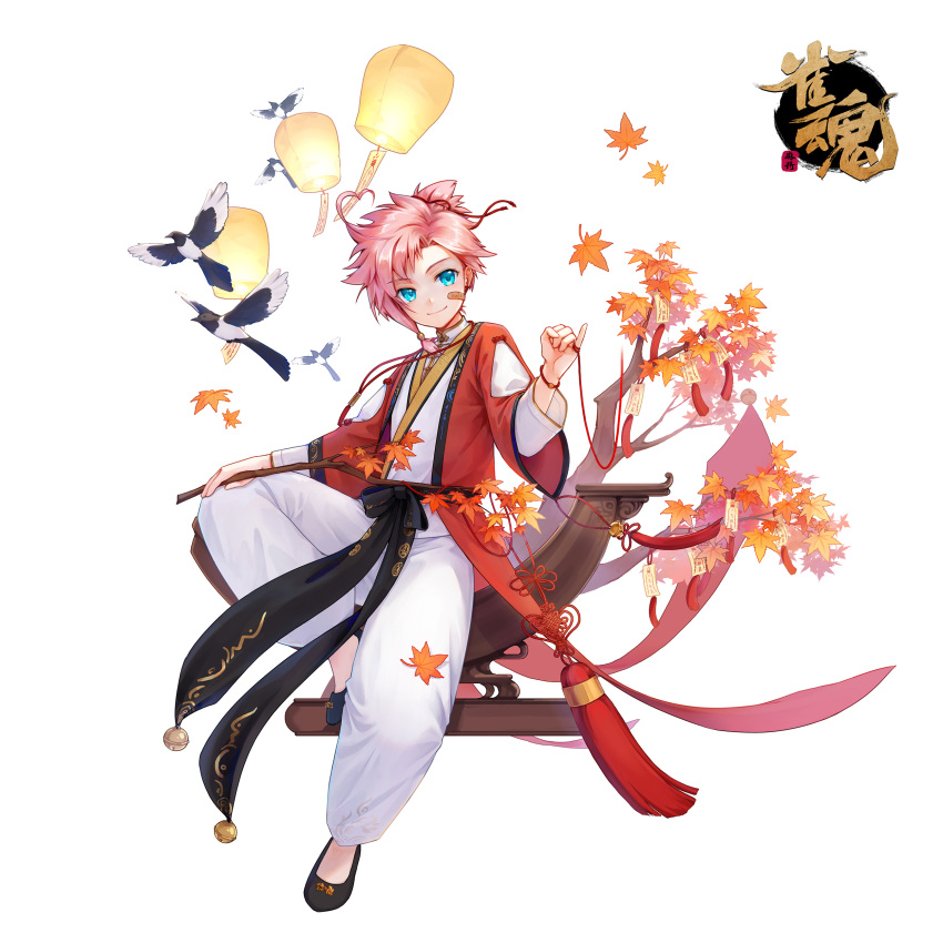 1boy absurdres aqua_eyes bandage_on_face bandages bandaid bandaid_on_face bird eurasian_magpie highres holding holding_string japanese_clothes jewelry lantern leaf magpie mahjong_soul male_focus maple_leaf necklace official_art paper_lantern pink_hair qi_xi shine_cheese simple_background sitting smile solo string tachi-e tree white_background