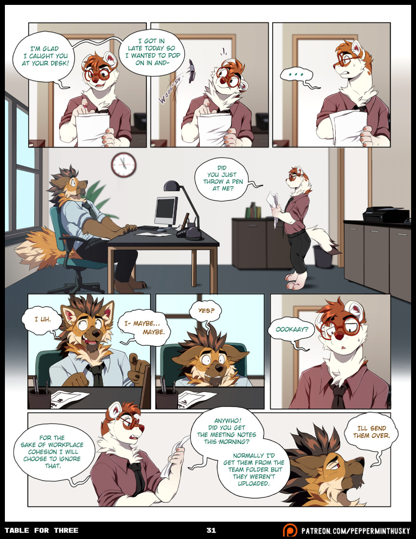 anthro aycee ben_(roanoak) brown_body brown_fur brown_hair canid canine clothed clothing comic duo english_text eyewear fur glasses hair hi_res male mammal maned_wolf mustelid musteline necktie red_eyes stoat text true_musteline url weasel white_body white_fur