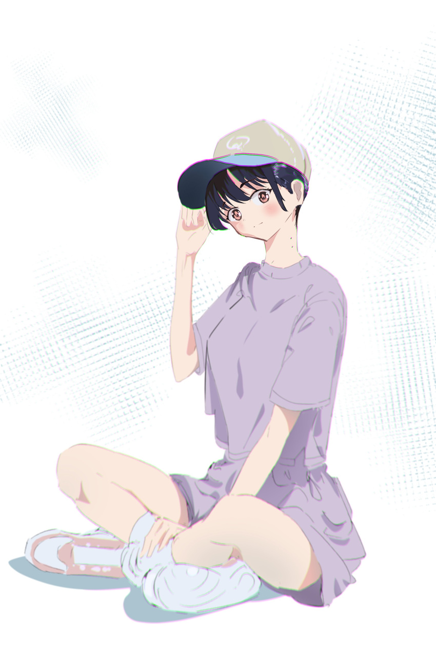 1girl absurdres baseball_cap blue_hair blush boku_no_kokoro_no_yabai_yatsu brown_eyes closed_mouth crossed_legs dark_blue_hair full_body hand_up hat highres looking_at_viewer mole mole_on_neck multiple_moles purple_shirt purple_shorts sakurasou_akira shirt shoes short_hair shorts sitting sneakers solo white_footwear witch_hat yamada_anna