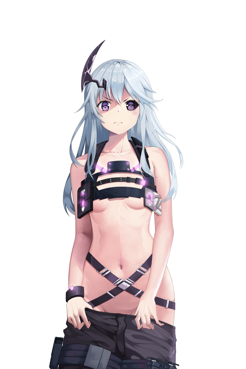 1girl absurdres black_horns black_pants black_pouch black_sclera bracelet breasts camu_(punishing:_gray_raven) closed_mouth colored_sclera er_du_mian fake_horns genderswap grey_hair heart_pouch highres horns jewelry long_hair looking_at_viewer mismatched_sclera navel pants punishing:_gray_raven purple_eyes small_breasts solo transparent_background