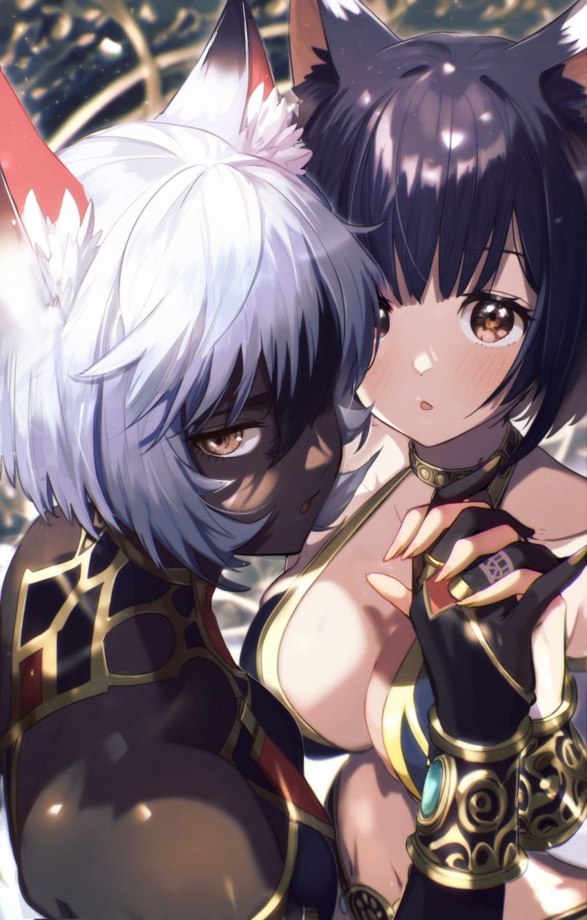 2girls absurdres animal_ear_fluff animal_ears black_hair blurry blurry_background bracelet breasts brown_eyes dark-skinned_female dark_skin fujiya_takao hair_between_eyes highres holding_hands interlocked_fingers jewelry large_breasts looking_at_viewer medium_breasts multiple_girls original short_hair white_hair