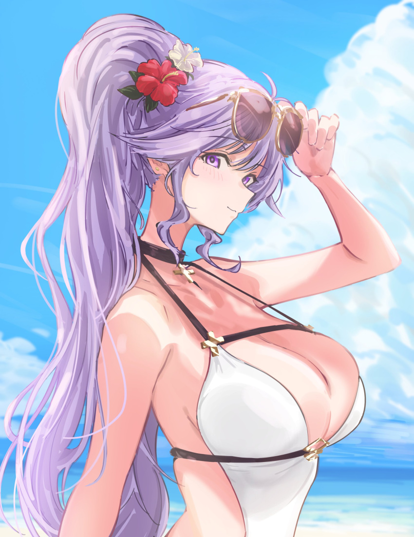 1girl 72megg absurdres blue_sky breasts cloud cloudy_sky commission commissioner_upload cross cross_necklace eyewear_on_head fire_emblem fire_emblem:_genealogy_of_the_holy_war flower hair_flower hair_ornament highres ishtar_(fire_emblem) jewelry necklace purple_eyes purple_hair sky sunglasses swimsuit