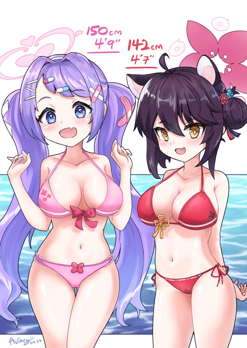 2girls :d absurdres alternate_costume animal_ear_fluff animal_ears arms_behind_back ass_visible_through_thighs aviary bandaid bandaid_on_head bikini black_hair blue_archive breasts cleavage collarbone commentary english_commentary fang hair_between_eyes hair_bun hair_ornament hairclip halo hanae_(blue_archive) height_difference highres kaede_(blue_archive) large_breasts leaning_forward long_hair looking_at_viewer multiple_girls navel numbered ocean oppai_loli parted_bangs pink_bikini purple_eyes purple_hair red_bikini side-tie_bikini_bottom sidelocks single_side_bun smile spaghetti_strap squirrel_ears squirrel_girl stomach swimsuit twintails x_hair_ornament yellow_eyes