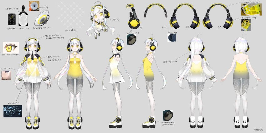 1girl ahoge ailis_(anilive) anilive asymmetrical_sidelocks backless_shirt black_headband boots breasts chibi closed_mouth clothing_cutout commentary copyright_name detached_sleeves eighth_note english_commentary grey_background grey_pants headband headphones long_hair long_sleeves low_twintails medium_breasts multiple_views musical_note pants puffy_long_sleeves puffy_sleeves reference_sheet second-party_source see-through see-through_sleeves shirt shokuen_(oxstl) sleeveless sleeveless_shirt smile spine turtleneck twintails virtual_youtuber white_footwear white_hair yellow_eyes yellow_shirt