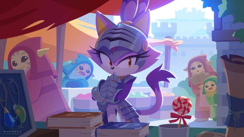 1girl animal_ears armor black_sclera blaze_the_cat book book_stack candy cat_ears cat_girl cat_tail colored_sclera food furry furry_female gauntlets lollipop market official_art open_mouth percival_(sonic) ponytail purple_fur smile sonic_(series) sonic_and_the_black_knight sonicofficialjp swirl_lollipop tail thinking visor_(armor) yellow_eyes