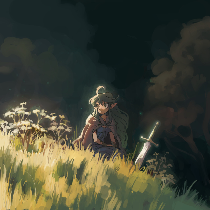 1girl absurdres ahoge breasts cloak dress elf flower grass green_eyes green_hair highres long_hair looking_to_the_side nature original outdoors parted_lips pointy_ears robomb small_breasts solo sword tree weapon