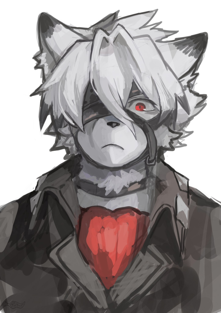 1boy animal_ears artist_logo ascot black_vest buchi0122 colored_tips commentary furry furry_male highres looking_at_viewer male_focus multicolored_hair one_eye_covered red_ascot red_eyes upper_body vest von_lycaon white_background wolf_boy wolf_ears zenless_zone_zero
